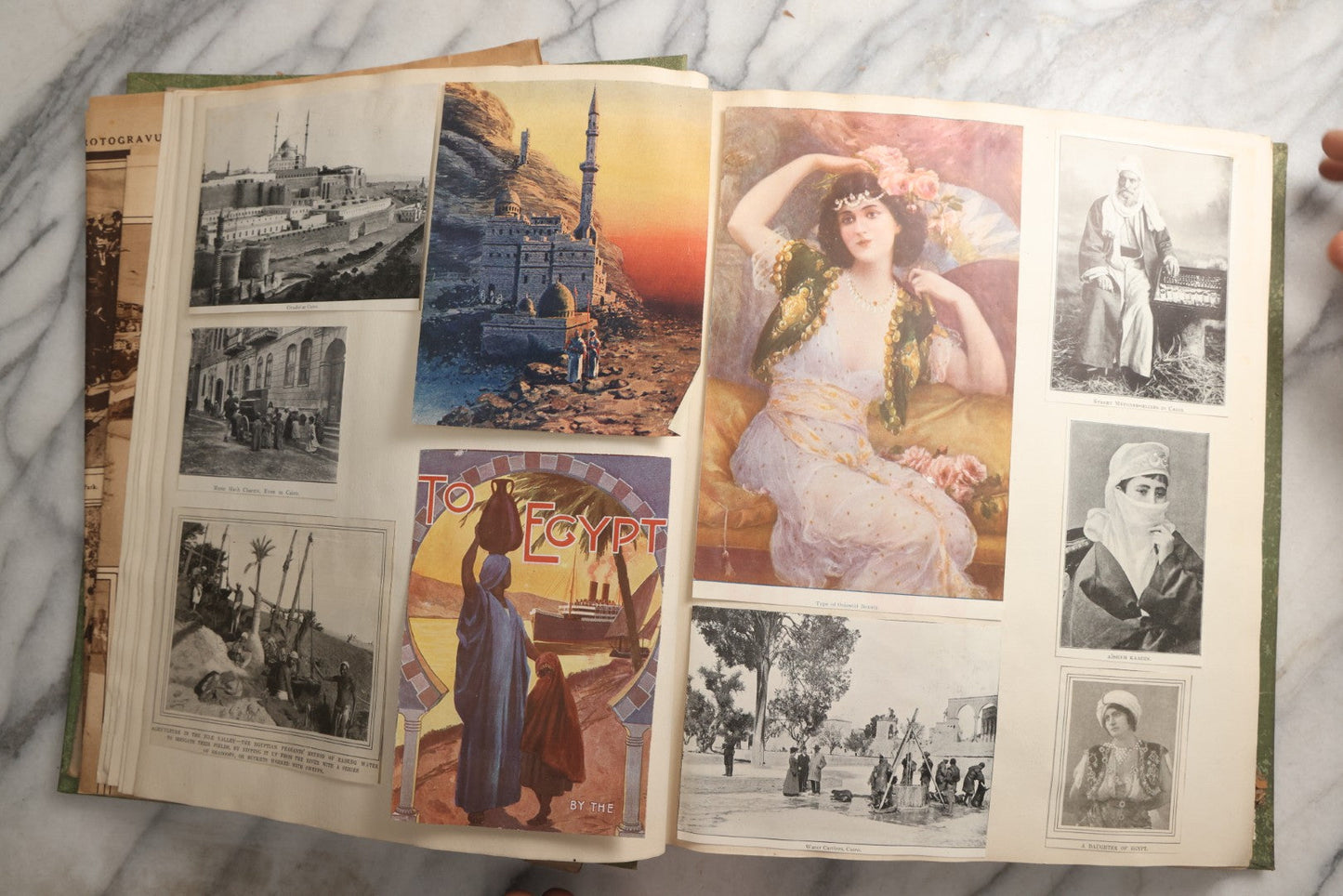 Lot 086 - Antique Green Scrapbook Album Around The World Travel Ephemera Including Japan, India, Ceylon, Hawaii, Egypt, Middle East, Pressed Flowers, Loose Ephemera, Circa 1909