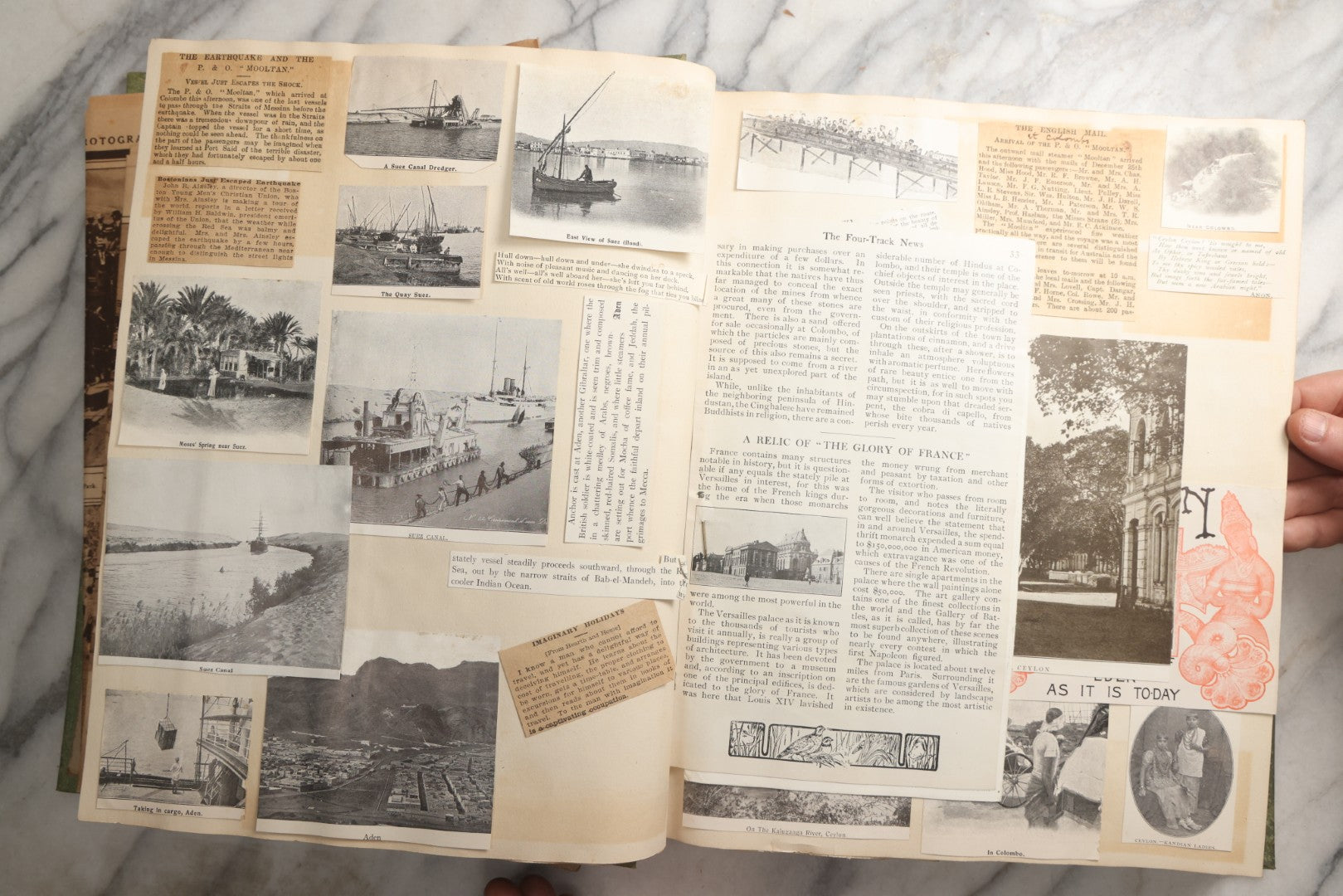 Lot 086 - Antique Green Scrapbook Album Around The World Travel Ephemera Including Japan, India, Ceylon, Hawaii, Egypt, Middle East, Pressed Flowers, Loose Ephemera, Circa 1909