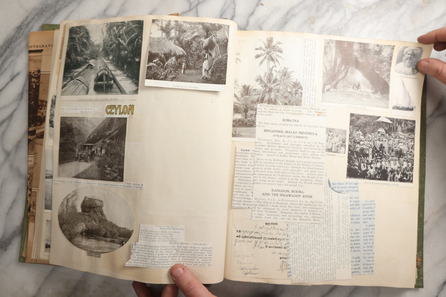 Lot 086 - Antique Green Scrapbook Album Around The World Travel Ephemera Including Japan, India, Ceylon, Hawaii, Egypt, Middle East, Pressed Flowers, Loose Ephemera, Circa 1909