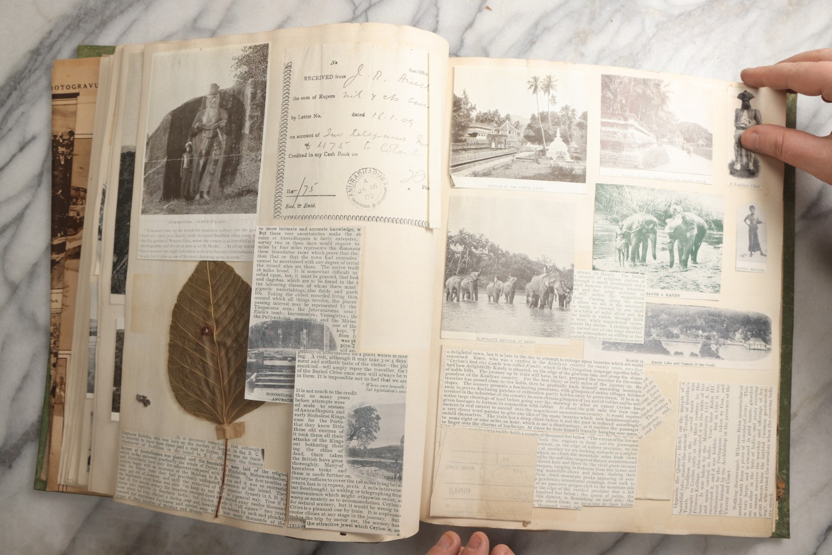 Lot 086 - Antique Green Scrapbook Album Around The World Travel Ephemera Including Japan, India, Ceylon, Hawaii, Egypt, Middle East, Pressed Flowers, Loose Ephemera, Circa 1909