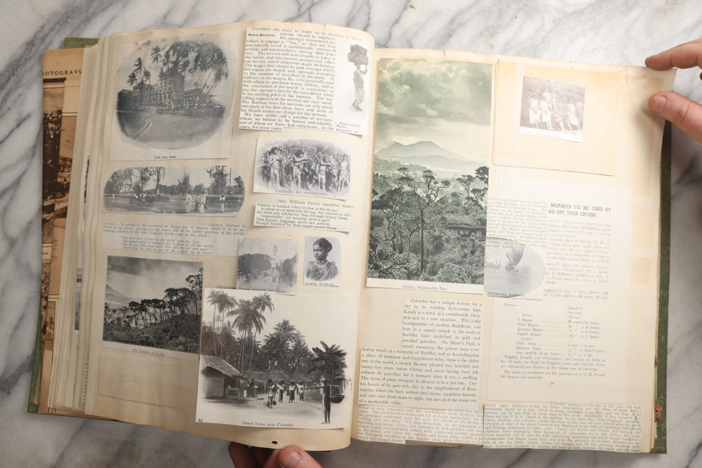 Lot 086 - Antique Green Scrapbook Album Around The World Travel Ephemera Including Japan, India, Ceylon, Hawaii, Egypt, Middle East, Pressed Flowers, Loose Ephemera, Circa 1909