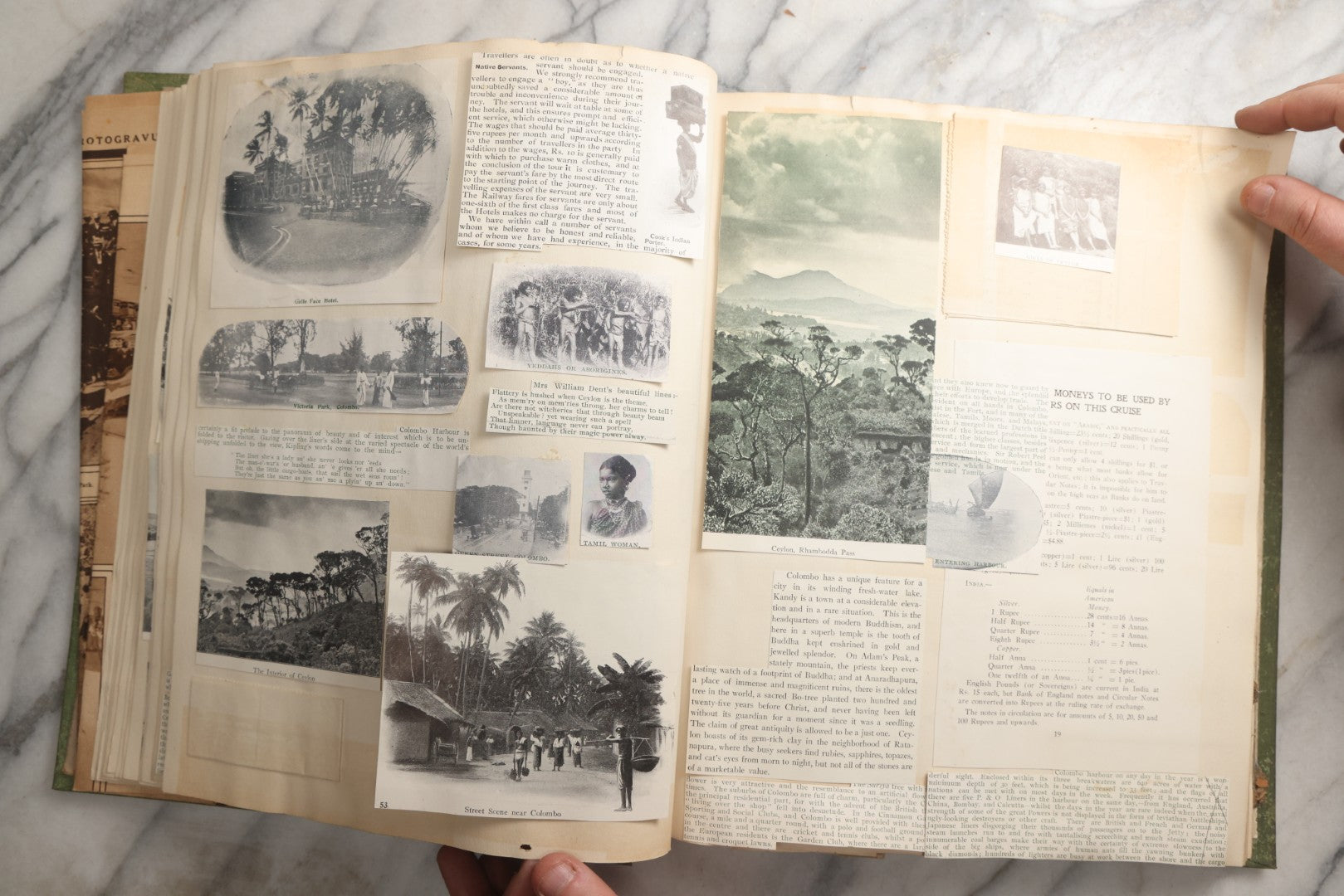 Lot 086 - Antique Green Scrapbook Album Around The World Travel Ephemera Including Japan, India, Ceylon, Hawaii, Egypt, Middle East, Pressed Flowers, Loose Ephemera, Circa 1909