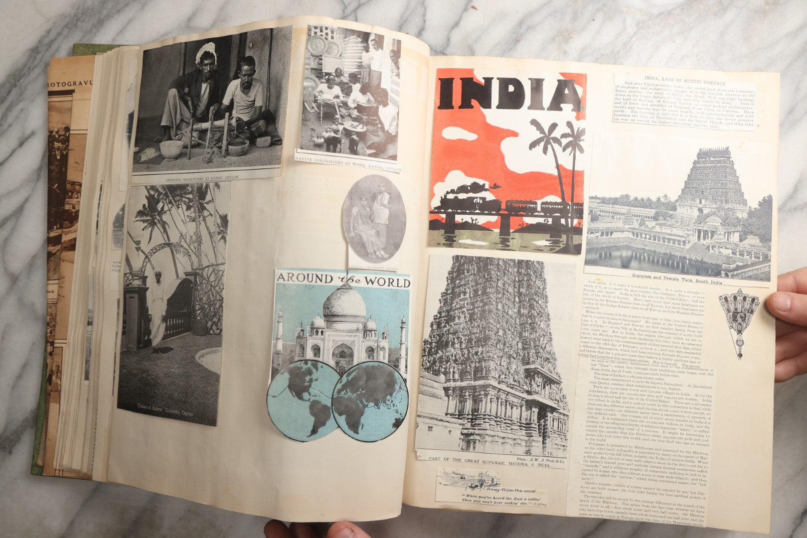 Lot 086 - Antique Green Scrapbook Album Around The World Travel Ephemera Including Japan, India, Ceylon, Hawaii, Egypt, Middle East, Pressed Flowers, Loose Ephemera, Circa 1909