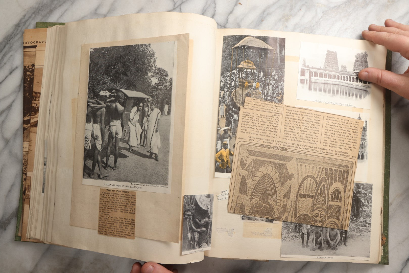 Lot 086 - Antique Green Scrapbook Album Around The World Travel Ephemera Including Japan, India, Ceylon, Hawaii, Egypt, Middle East, Pressed Flowers, Loose Ephemera, Circa 1909