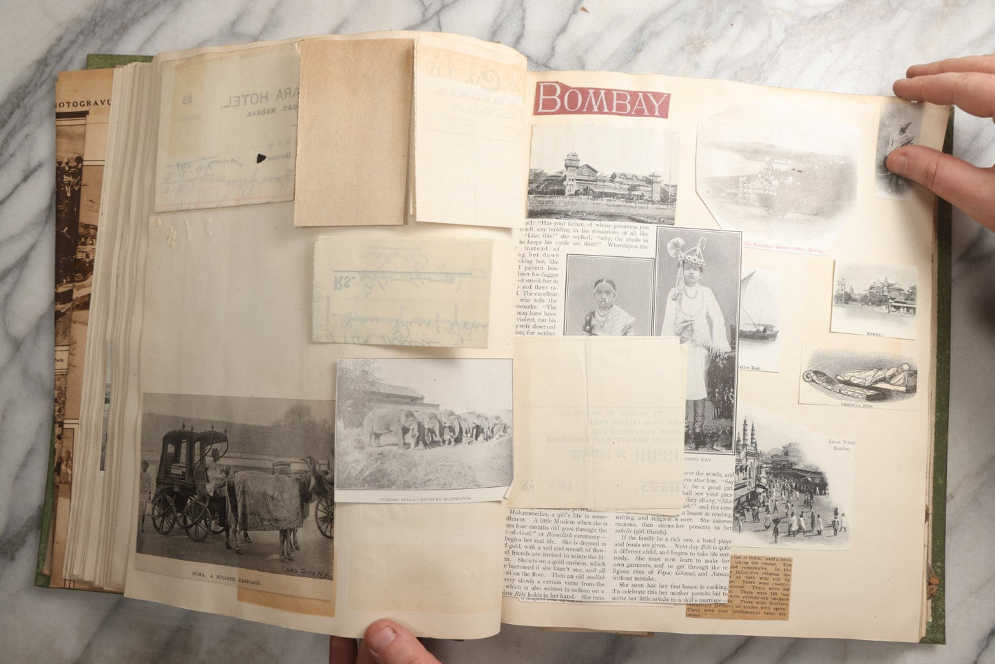 Lot 086 - Antique Green Scrapbook Album Around The World Travel Ephemera Including Japan, India, Ceylon, Hawaii, Egypt, Middle East, Pressed Flowers, Loose Ephemera, Circa 1909