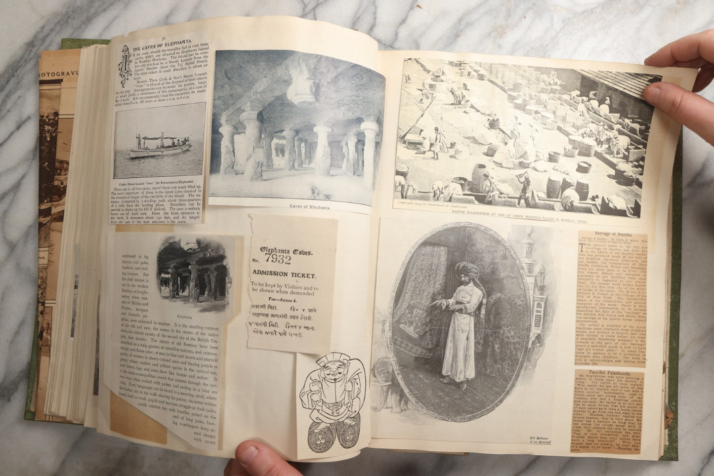 Lot 086 - Antique Green Scrapbook Album Around The World Travel Ephemera Including Japan, India, Ceylon, Hawaii, Egypt, Middle East, Pressed Flowers, Loose Ephemera, Circa 1909