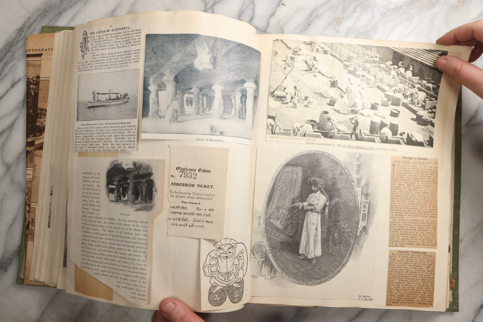 Lot 086 - Antique Green Scrapbook Album Around The World Travel Ephemera Including Japan, India, Ceylon, Hawaii, Egypt, Middle East, Pressed Flowers, Loose Ephemera, Circa 1909