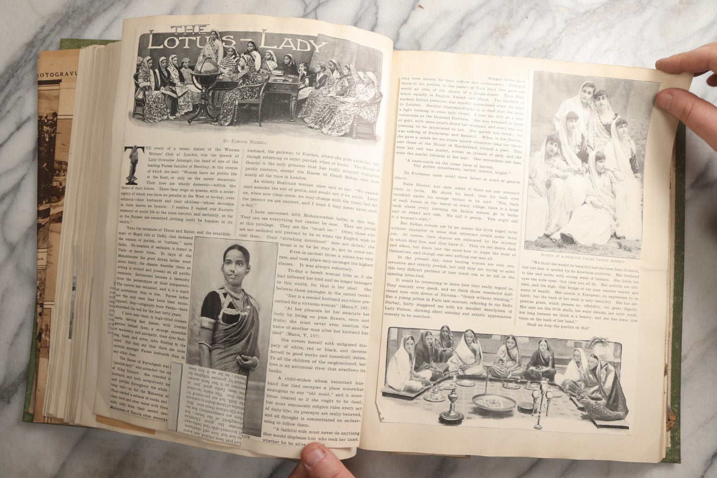 Lot 086 - Antique Green Scrapbook Album Around The World Travel Ephemera Including Japan, India, Ceylon, Hawaii, Egypt, Middle East, Pressed Flowers, Loose Ephemera, Circa 1909