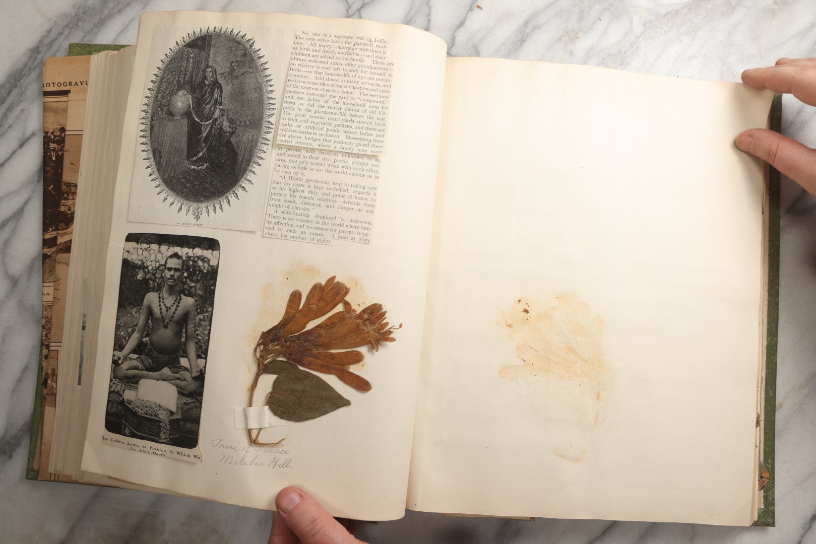 Lot 086 - Antique Green Scrapbook Album Around The World Travel Ephemera Including Japan, India, Ceylon, Hawaii, Egypt, Middle East, Pressed Flowers, Loose Ephemera, Circa 1909