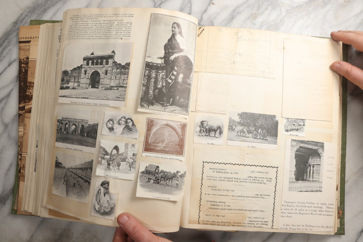 Lot 086 - Antique Green Scrapbook Album Around The World Travel Ephemera Including Japan, India, Ceylon, Hawaii, Egypt, Middle East, Pressed Flowers, Loose Ephemera, Circa 1909