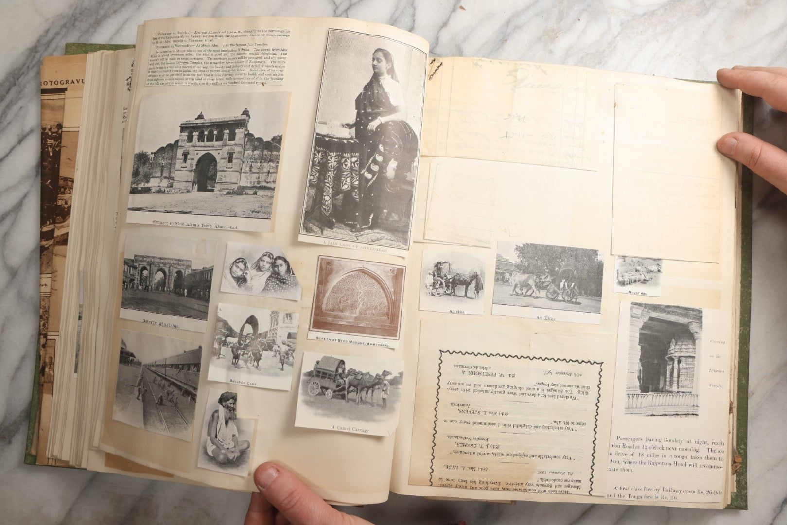 Lot 086 - Antique Green Scrapbook Album Around The World Travel Ephemera Including Japan, India, Ceylon, Hawaii, Egypt, Middle East, Pressed Flowers, Loose Ephemera, Circa 1909