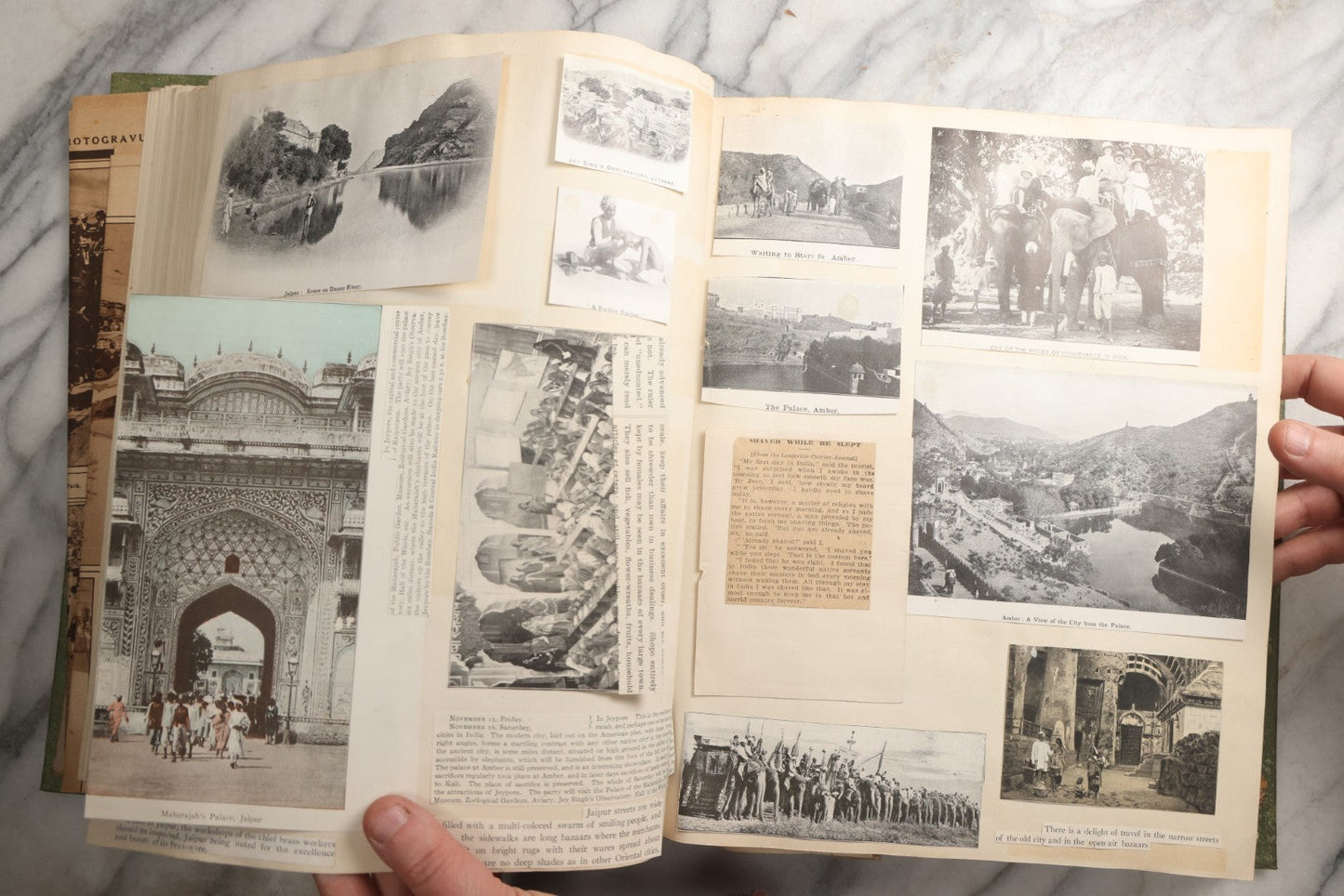 Lot 086 - Antique Green Scrapbook Album Around The World Travel Ephemera Including Japan, India, Ceylon, Hawaii, Egypt, Middle East, Pressed Flowers, Loose Ephemera, Circa 1909