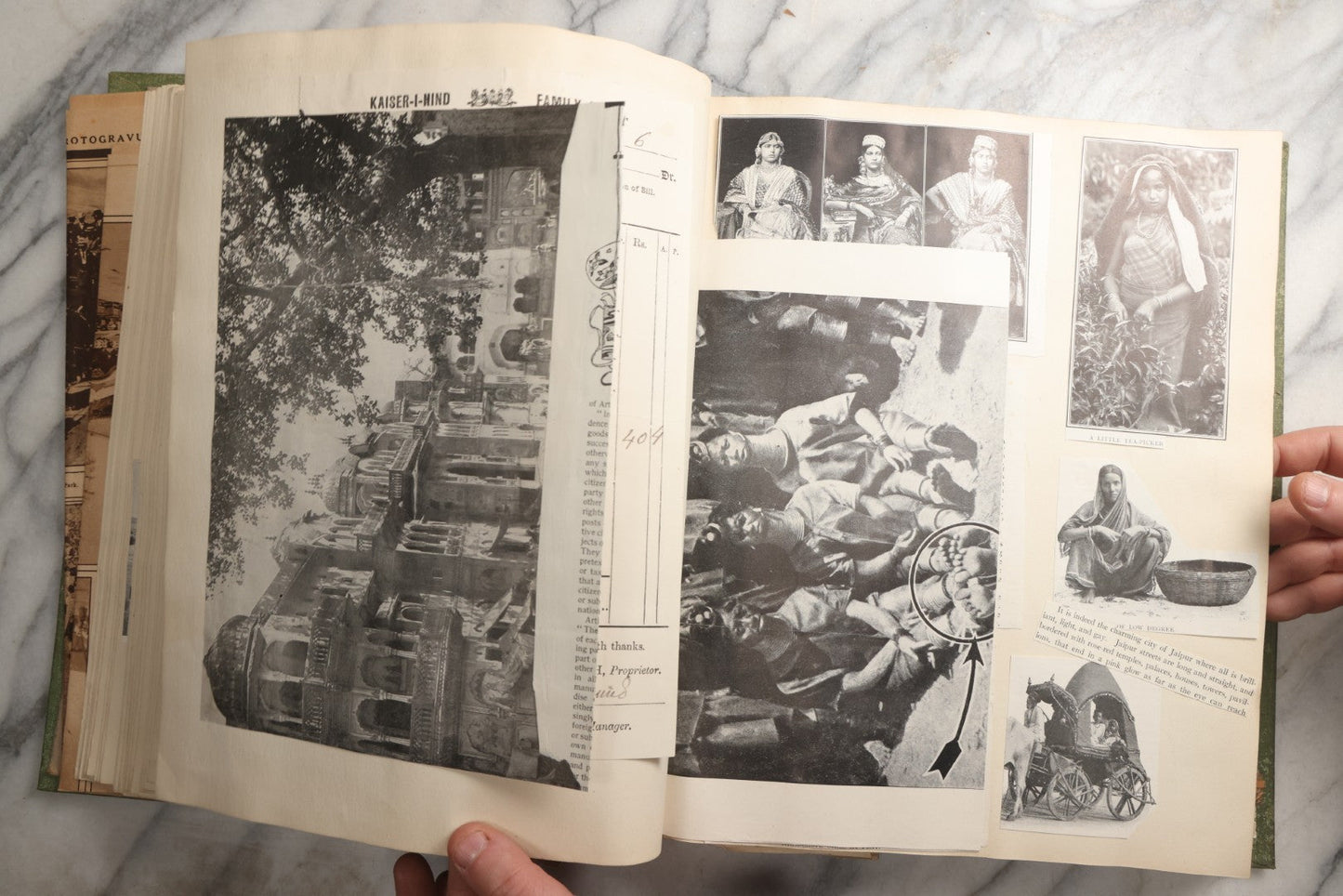 Lot 086 - Antique Green Scrapbook Album Around The World Travel Ephemera Including Japan, India, Ceylon, Hawaii, Egypt, Middle East, Pressed Flowers, Loose Ephemera, Circa 1909