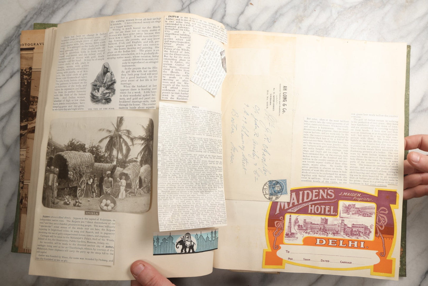 Lot 086 - Antique Green Scrapbook Album Around The World Travel Ephemera Including Japan, India, Ceylon, Hawaii, Egypt, Middle East, Pressed Flowers, Loose Ephemera, Circa 1909