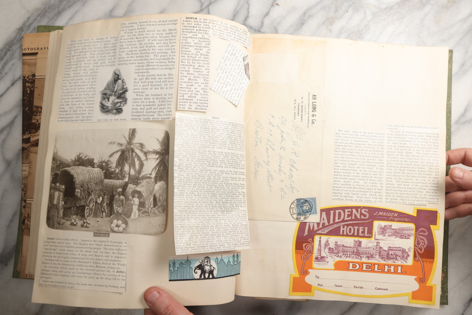 Lot 086 - Antique Green Scrapbook Album Around The World Travel Ephemera Including Japan, India, Ceylon, Hawaii, Egypt, Middle East, Pressed Flowers, Loose Ephemera, Circa 1909