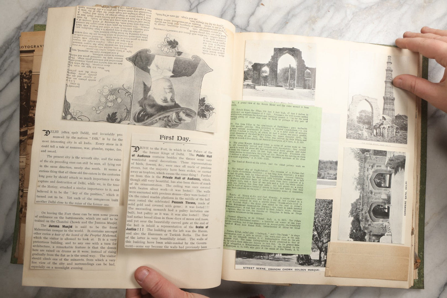 Lot 086 - Antique Green Scrapbook Album Around The World Travel Ephemera Including Japan, India, Ceylon, Hawaii, Egypt, Middle East, Pressed Flowers, Loose Ephemera, Circa 1909