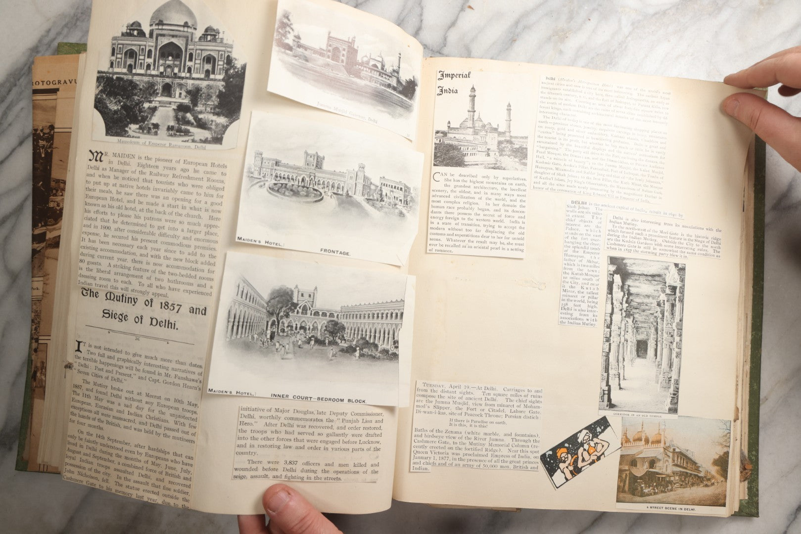 Lot 086 - Antique Green Scrapbook Album Around The World Travel Ephemera Including Japan, India, Ceylon, Hawaii, Egypt, Middle East, Pressed Flowers, Loose Ephemera, Circa 1909