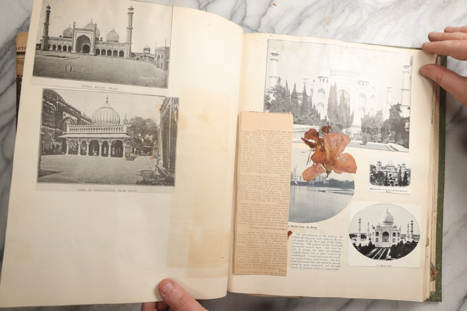 Lot 086 - Antique Green Scrapbook Album Around The World Travel Ephemera Including Japan, India, Ceylon, Hawaii, Egypt, Middle East, Pressed Flowers, Loose Ephemera, Circa 1909