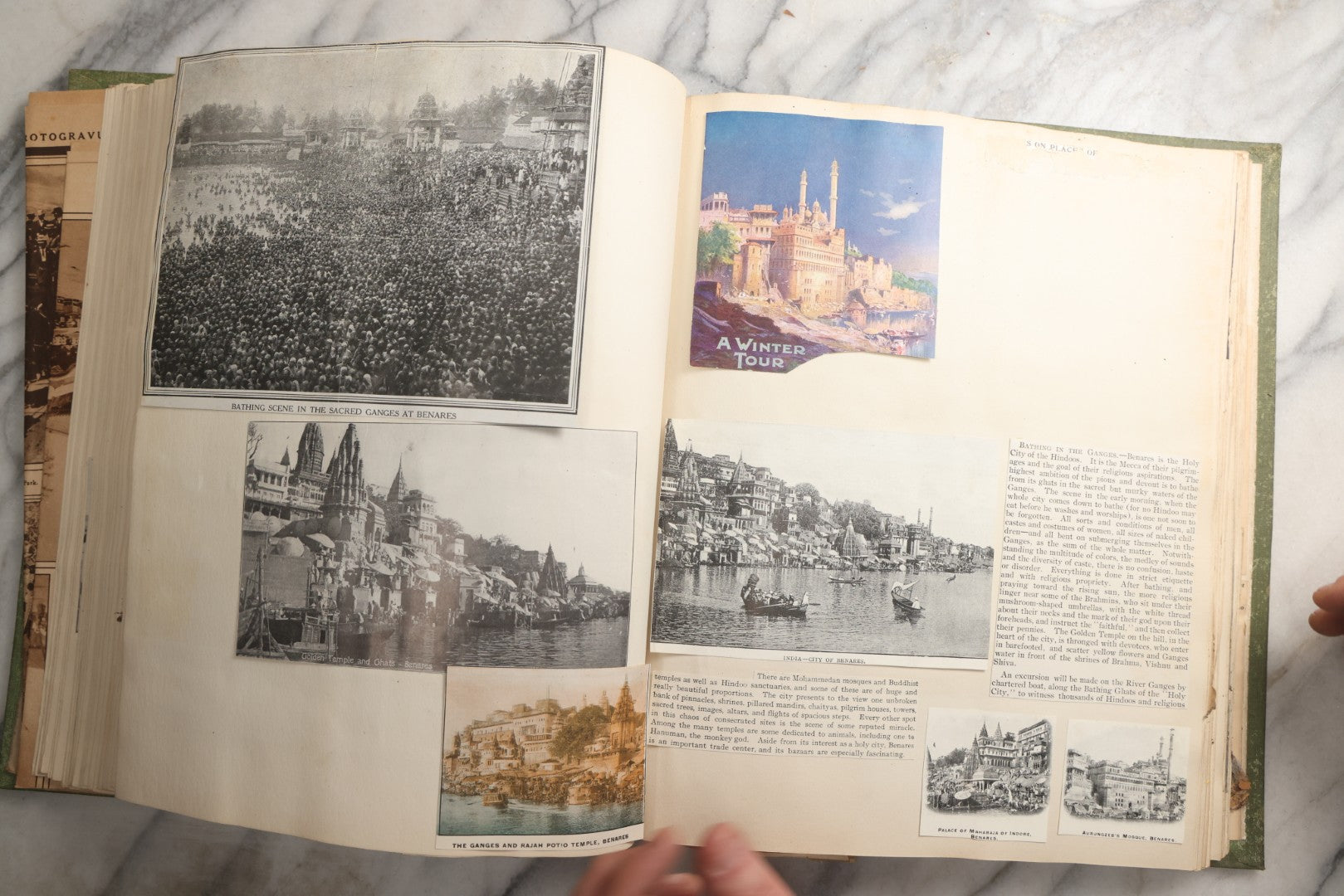 Lot 086 - Antique Green Scrapbook Album Around The World Travel Ephemera Including Japan, India, Ceylon, Hawaii, Egypt, Middle East, Pressed Flowers, Loose Ephemera, Circa 1909