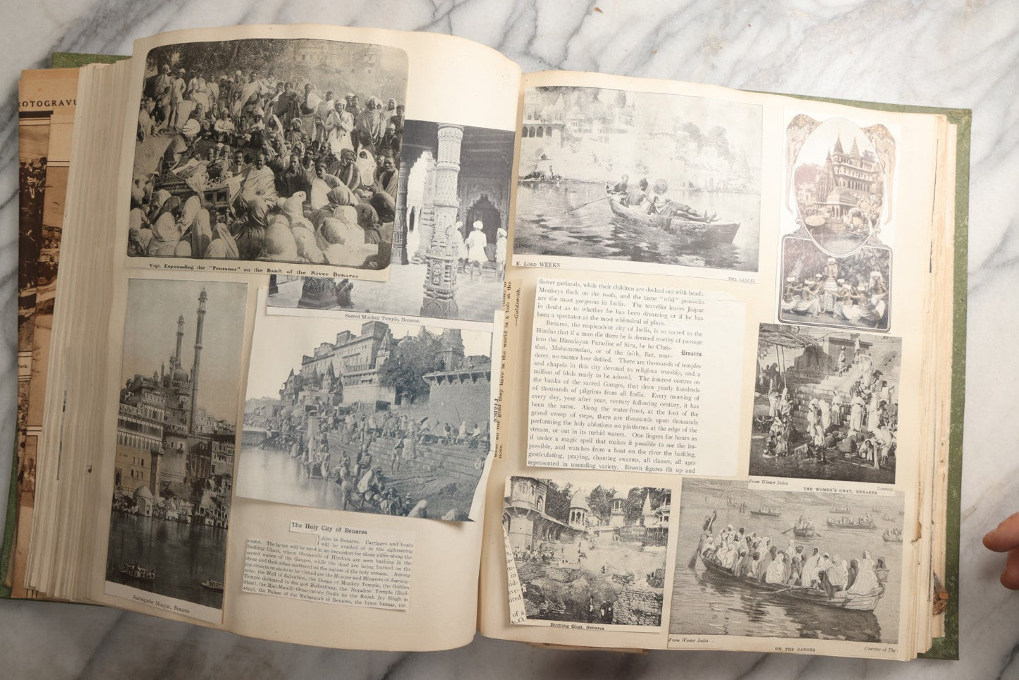 Lot 086 - Antique Green Scrapbook Album Around The World Travel Ephemera Including Japan, India, Ceylon, Hawaii, Egypt, Middle East, Pressed Flowers, Loose Ephemera, Circa 1909