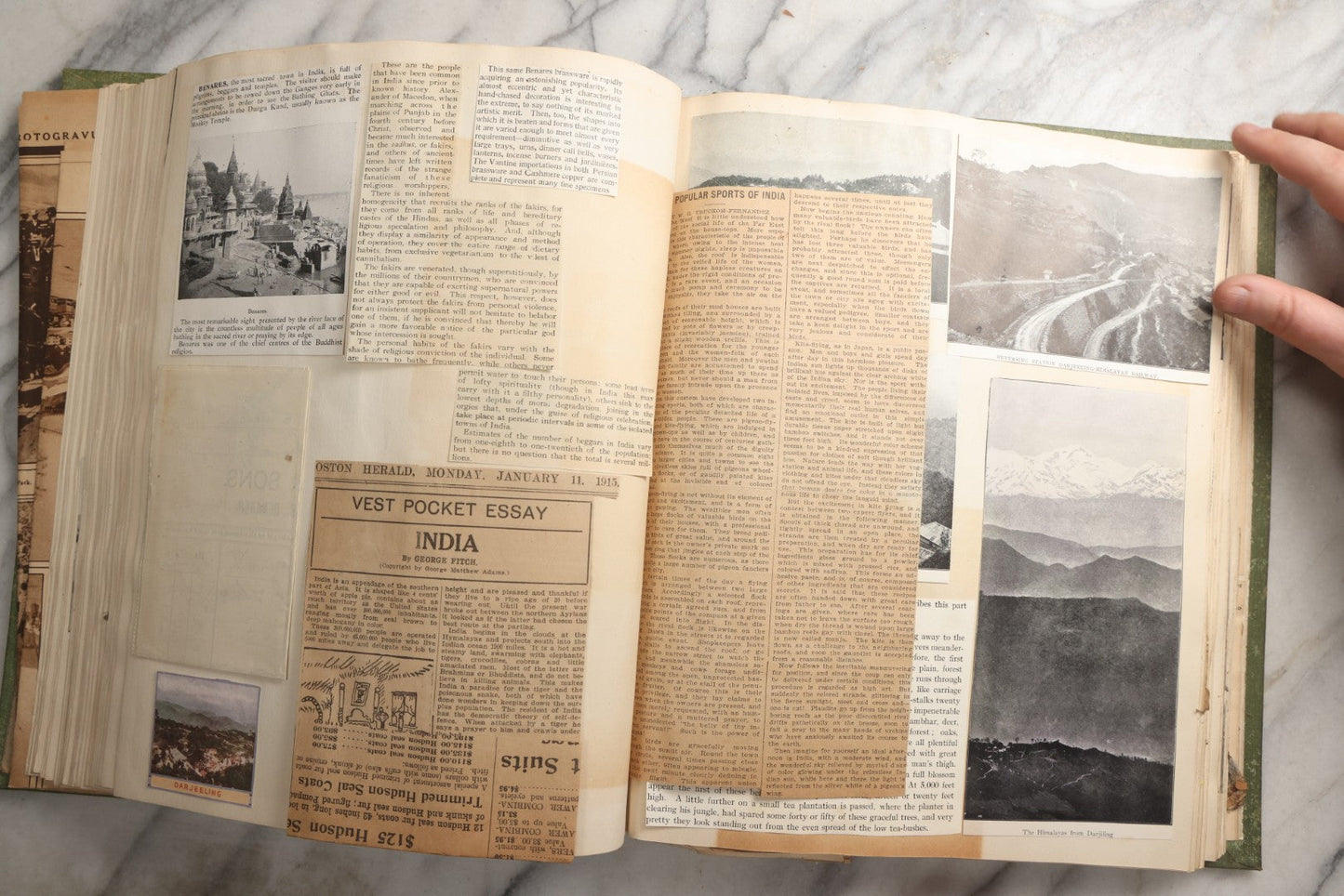 Lot 086 - Antique Green Scrapbook Album Around The World Travel Ephemera Including Japan, India, Ceylon, Hawaii, Egypt, Middle East, Pressed Flowers, Loose Ephemera, Circa 1909