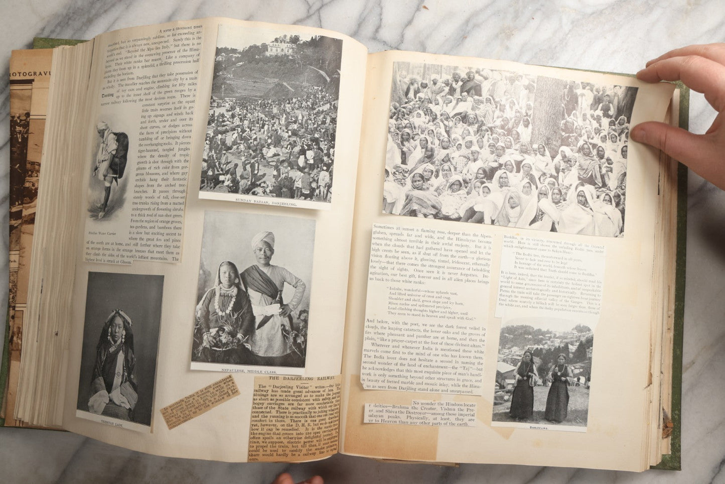 Lot 086 - Antique Green Scrapbook Album Around The World Travel Ephemera Including Japan, India, Ceylon, Hawaii, Egypt, Middle East, Pressed Flowers, Loose Ephemera, Circa 1909