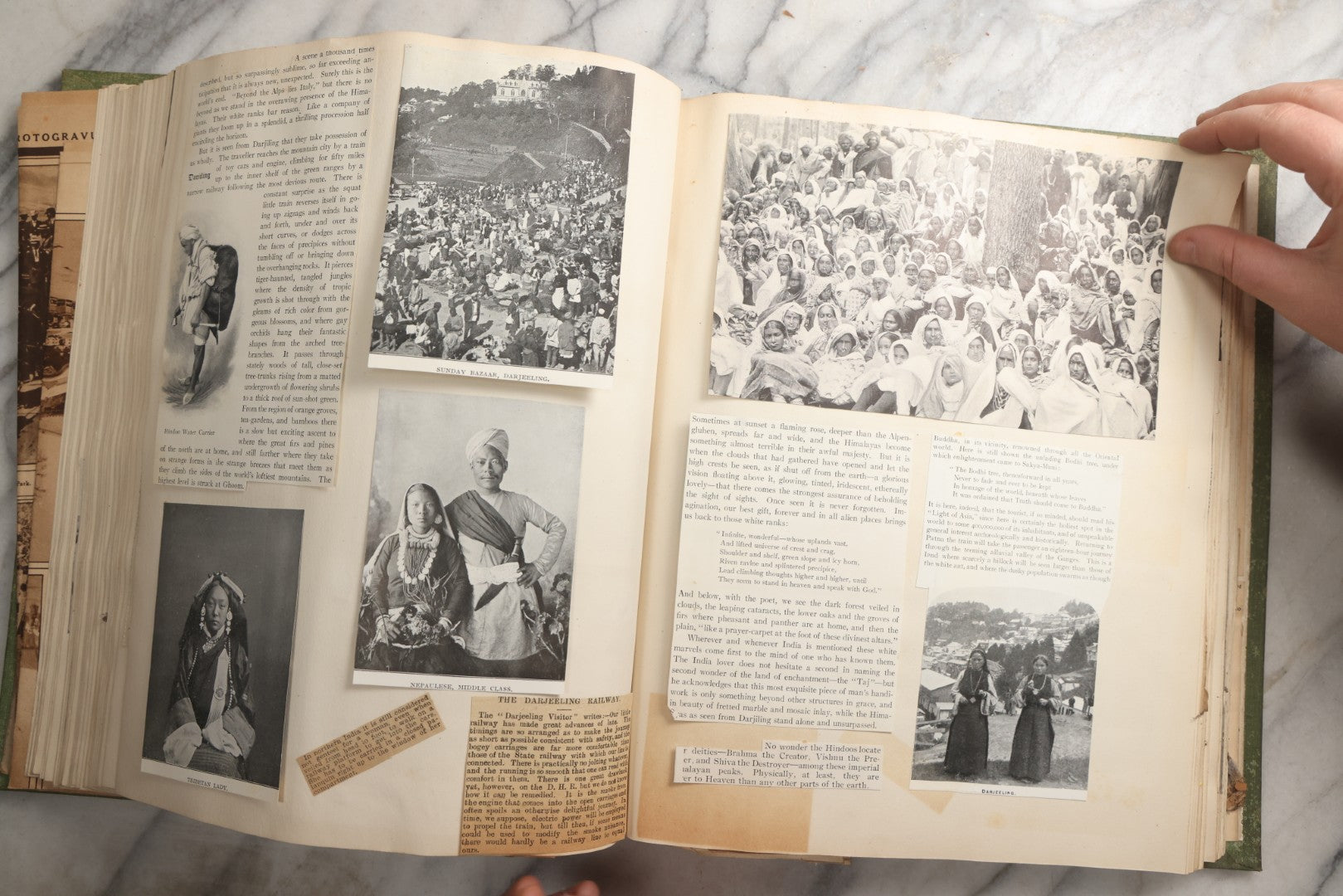 Lot 086 - Antique Green Scrapbook Album Around The World Travel Ephemera Including Japan, India, Ceylon, Hawaii, Egypt, Middle East, Pressed Flowers, Loose Ephemera, Circa 1909