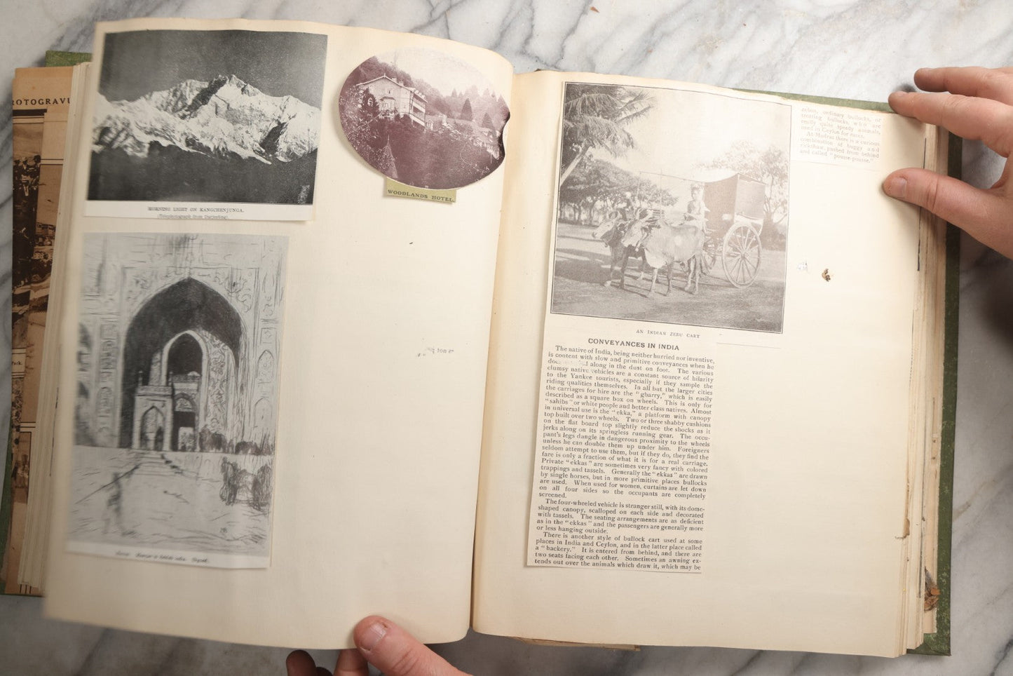 Lot 086 - Antique Green Scrapbook Album Around The World Travel Ephemera Including Japan, India, Ceylon, Hawaii, Egypt, Middle East, Pressed Flowers, Loose Ephemera, Circa 1909