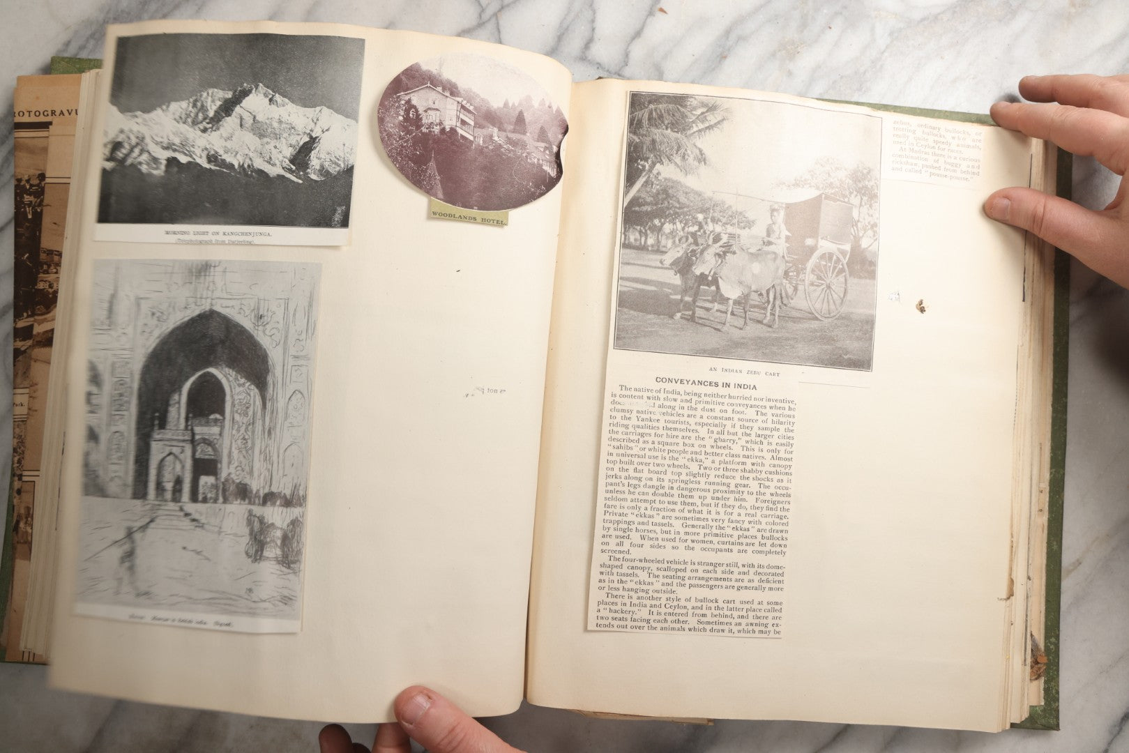 Lot 086 - Antique Green Scrapbook Album Around The World Travel Ephemera Including Japan, India, Ceylon, Hawaii, Egypt, Middle East, Pressed Flowers, Loose Ephemera, Circa 1909