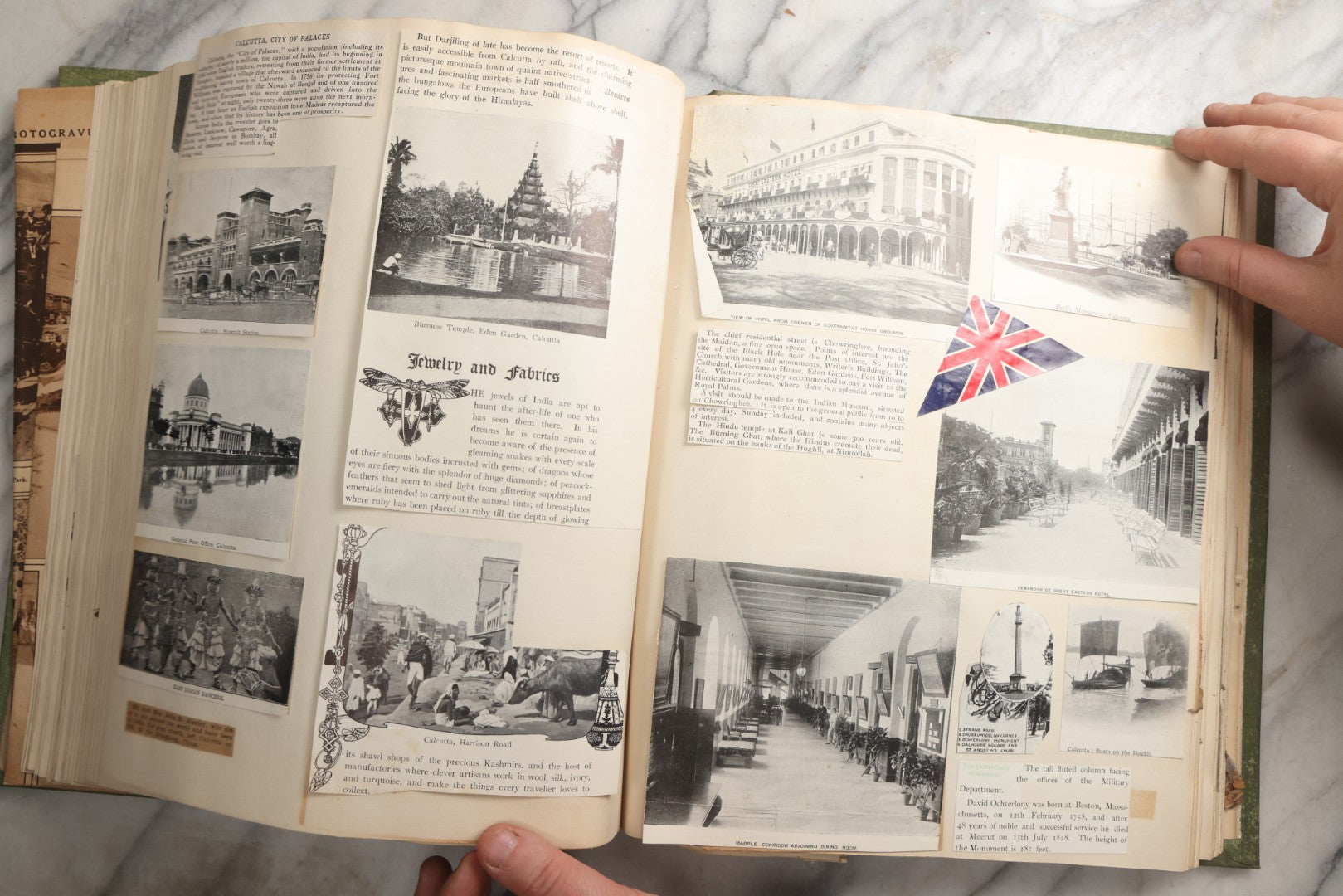 Lot 086 - Antique Green Scrapbook Album Around The World Travel Ephemera Including Japan, India, Ceylon, Hawaii, Egypt, Middle East, Pressed Flowers, Loose Ephemera, Circa 1909