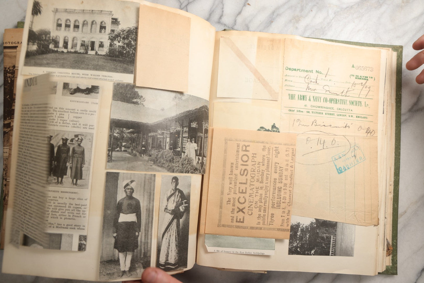 Lot 086 - Antique Green Scrapbook Album Around The World Travel Ephemera Including Japan, India, Ceylon, Hawaii, Egypt, Middle East, Pressed Flowers, Loose Ephemera, Circa 1909