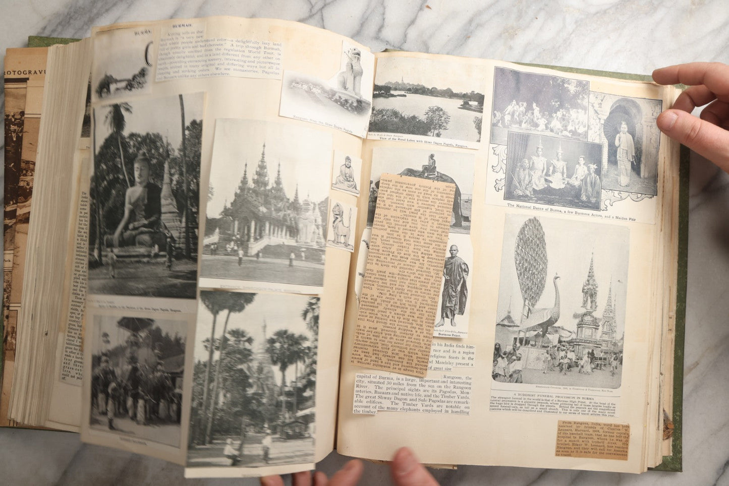 Lot 086 - Antique Green Scrapbook Album Around The World Travel Ephemera Including Japan, India, Ceylon, Hawaii, Egypt, Middle East, Pressed Flowers, Loose Ephemera, Circa 1909