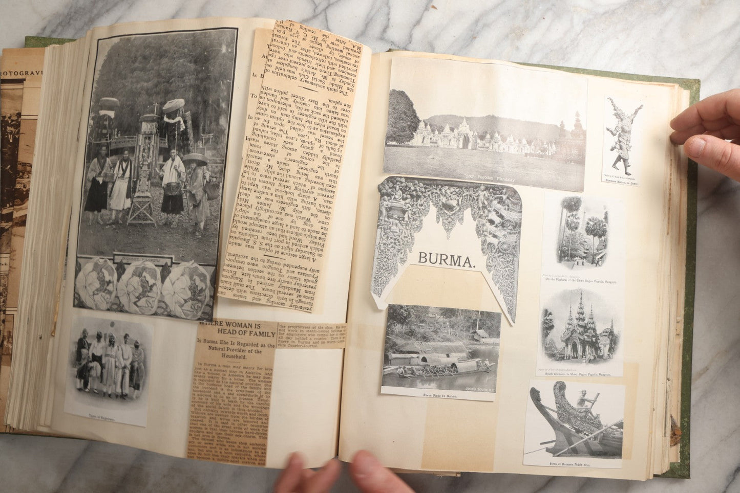 Lot 086 - Antique Green Scrapbook Album Around The World Travel Ephemera Including Japan, India, Ceylon, Hawaii, Egypt, Middle East, Pressed Flowers, Loose Ephemera, Circa 1909