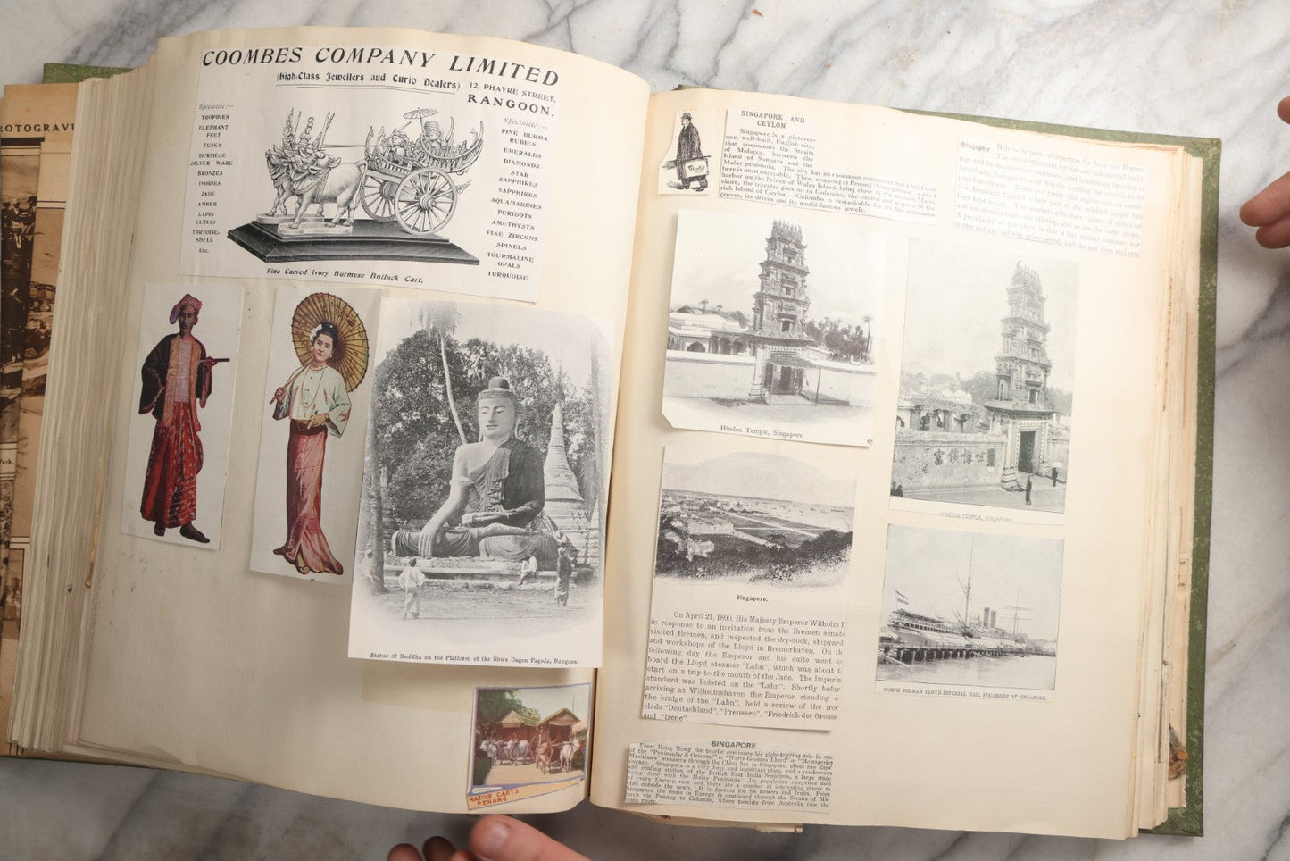 Lot 086 - Antique Green Scrapbook Album Around The World Travel Ephemera Including Japan, India, Ceylon, Hawaii, Egypt, Middle East, Pressed Flowers, Loose Ephemera, Circa 1909