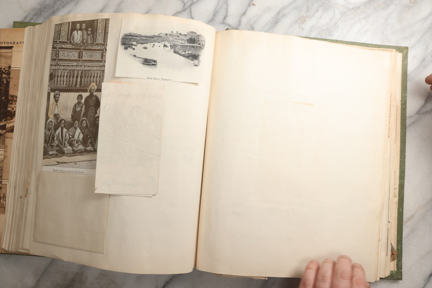 Lot 086 - Antique Green Scrapbook Album Around The World Travel Ephemera Including Japan, India, Ceylon, Hawaii, Egypt, Middle East, Pressed Flowers, Loose Ephemera, Circa 1909