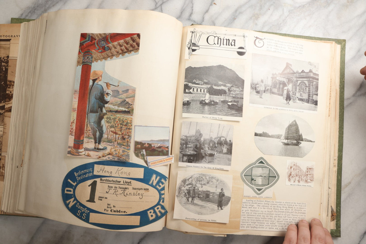 Lot 086 - Antique Green Scrapbook Album Around The World Travel Ephemera Including Japan, India, Ceylon, Hawaii, Egypt, Middle East, Pressed Flowers, Loose Ephemera, Circa 1909