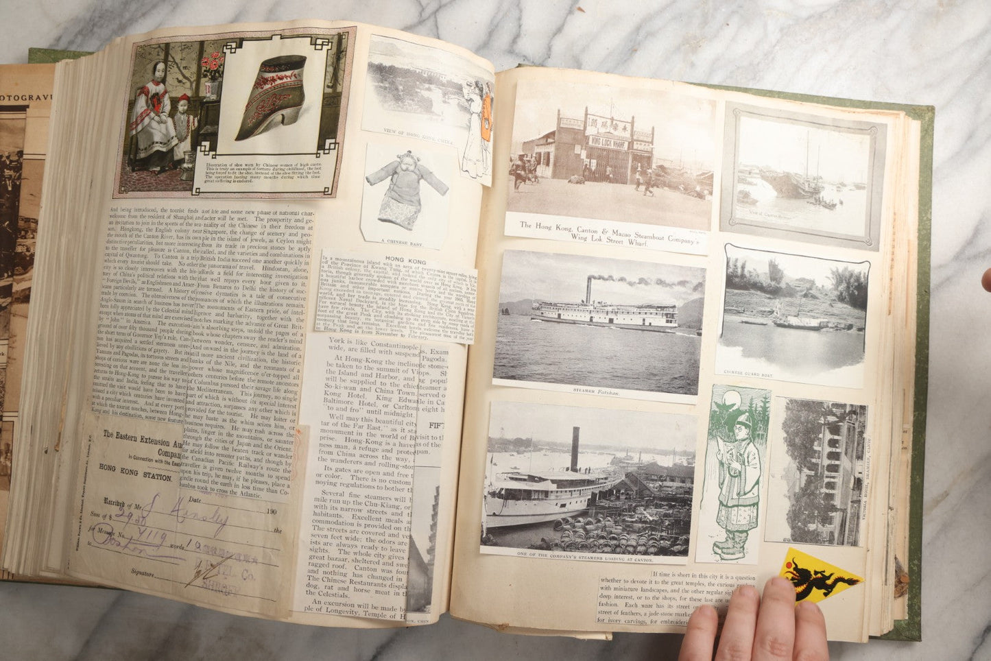 Lot 086 - Antique Green Scrapbook Album Around The World Travel Ephemera Including Japan, India, Ceylon, Hawaii, Egypt, Middle East, Pressed Flowers, Loose Ephemera, Circa 1909