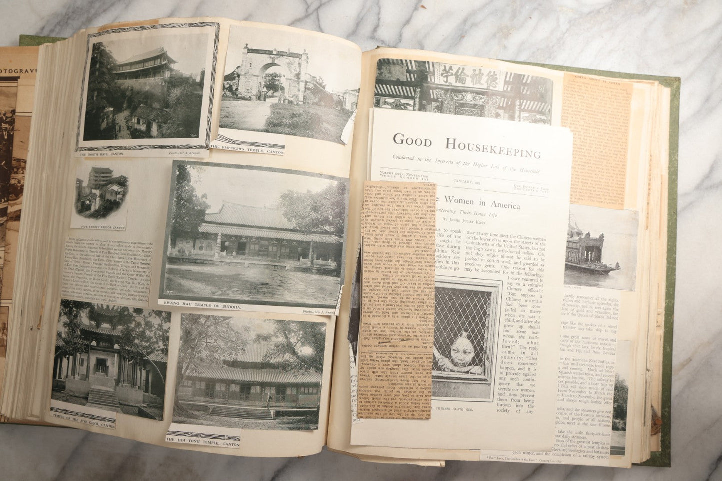 Lot 086 - Antique Green Scrapbook Album Around The World Travel Ephemera Including Japan, India, Ceylon, Hawaii, Egypt, Middle East, Pressed Flowers, Loose Ephemera, Circa 1909