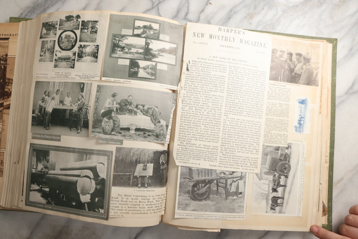 Lot 086 - Antique Green Scrapbook Album Around The World Travel Ephemera Including Japan, India, Ceylon, Hawaii, Egypt, Middle East, Pressed Flowers, Loose Ephemera, Circa 1909