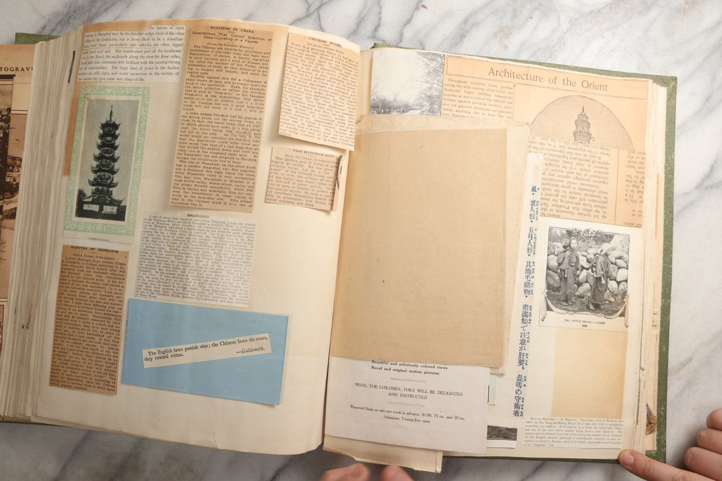 Lot 086 - Antique Green Scrapbook Album Around The World Travel Ephemera Including Japan, India, Ceylon, Hawaii, Egypt, Middle East, Pressed Flowers, Loose Ephemera, Circa 1909