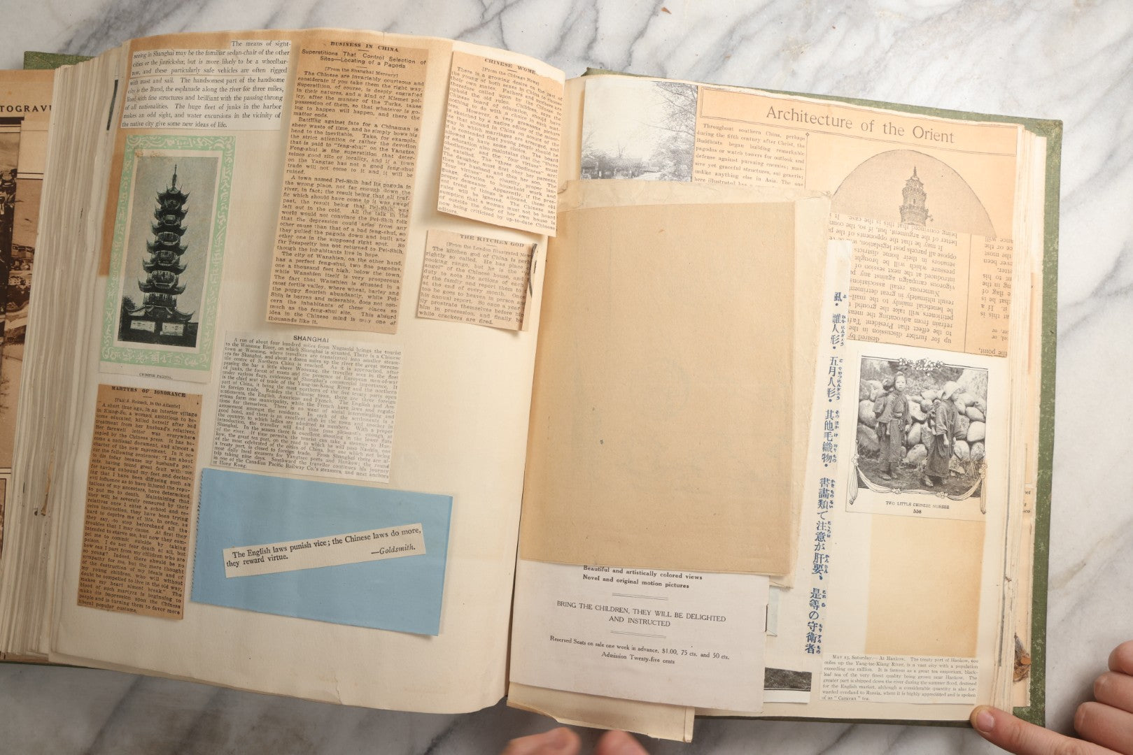 Lot 086 - Antique Green Scrapbook Album Around The World Travel Ephemera Including Japan, India, Ceylon, Hawaii, Egypt, Middle East, Pressed Flowers, Loose Ephemera, Circa 1909