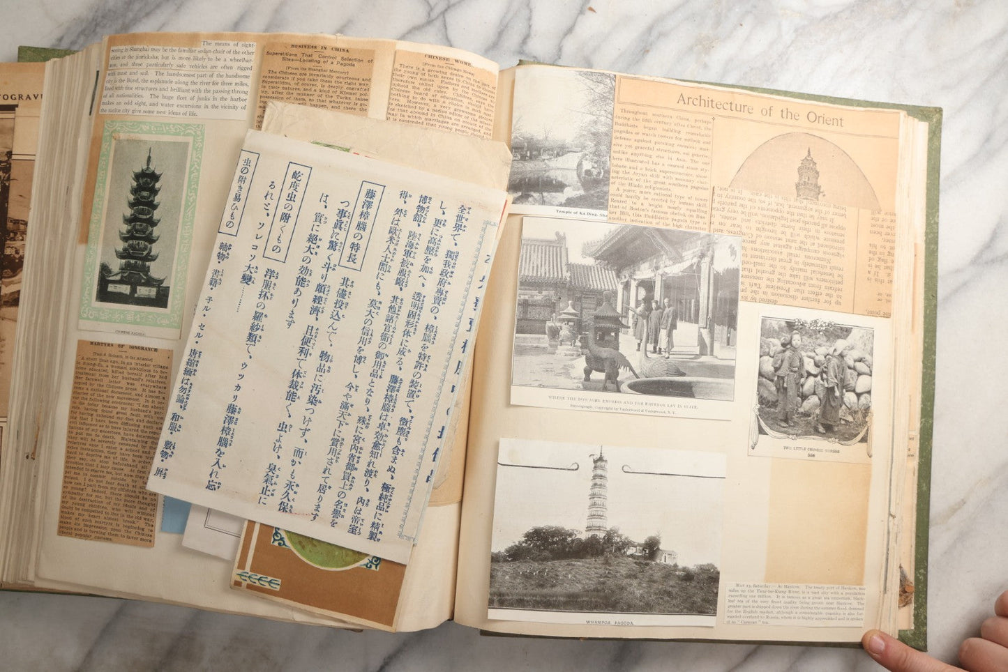 Lot 086 - Antique Green Scrapbook Album Around The World Travel Ephemera Including Japan, India, Ceylon, Hawaii, Egypt, Middle East, Pressed Flowers, Loose Ephemera, Circa 1909