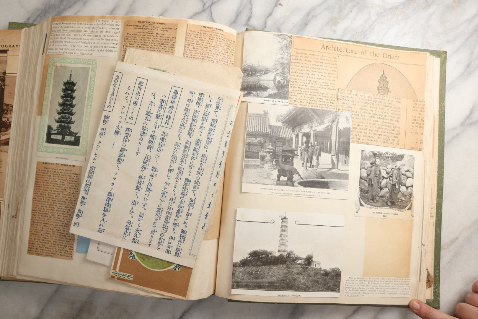 Lot 086 - Antique Green Scrapbook Album Around The World Travel Ephemera Including Japan, India, Ceylon, Hawaii, Egypt, Middle East, Pressed Flowers, Loose Ephemera, Circa 1909