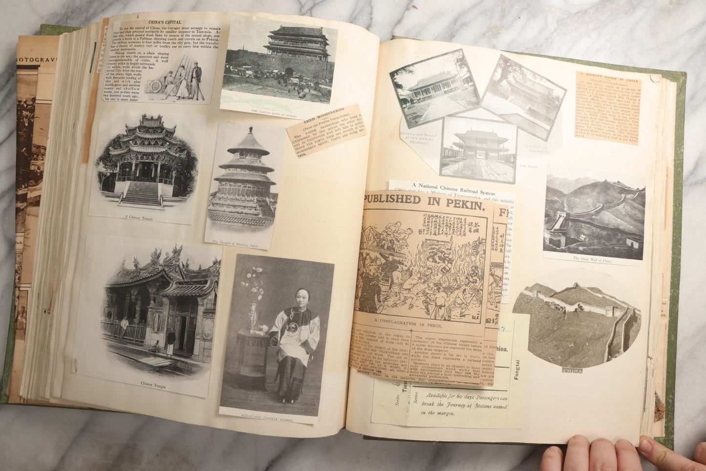 Lot 086 - Antique Green Scrapbook Album Around The World Travel Ephemera Including Japan, India, Ceylon, Hawaii, Egypt, Middle East, Pressed Flowers, Loose Ephemera, Circa 1909