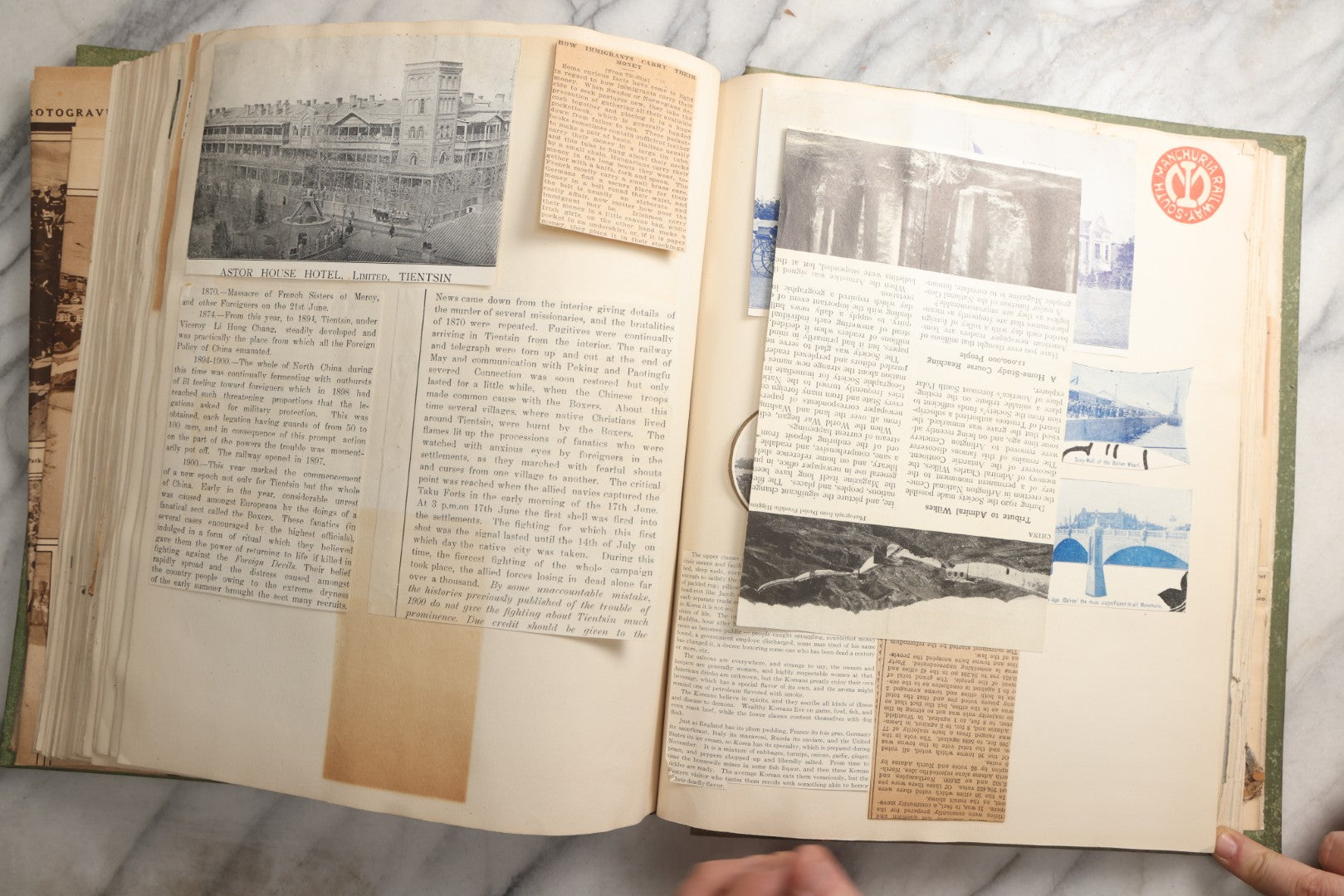 Lot 086 - Antique Green Scrapbook Album Around The World Travel Ephemera Including Japan, India, Ceylon, Hawaii, Egypt, Middle East, Pressed Flowers, Loose Ephemera, Circa 1909