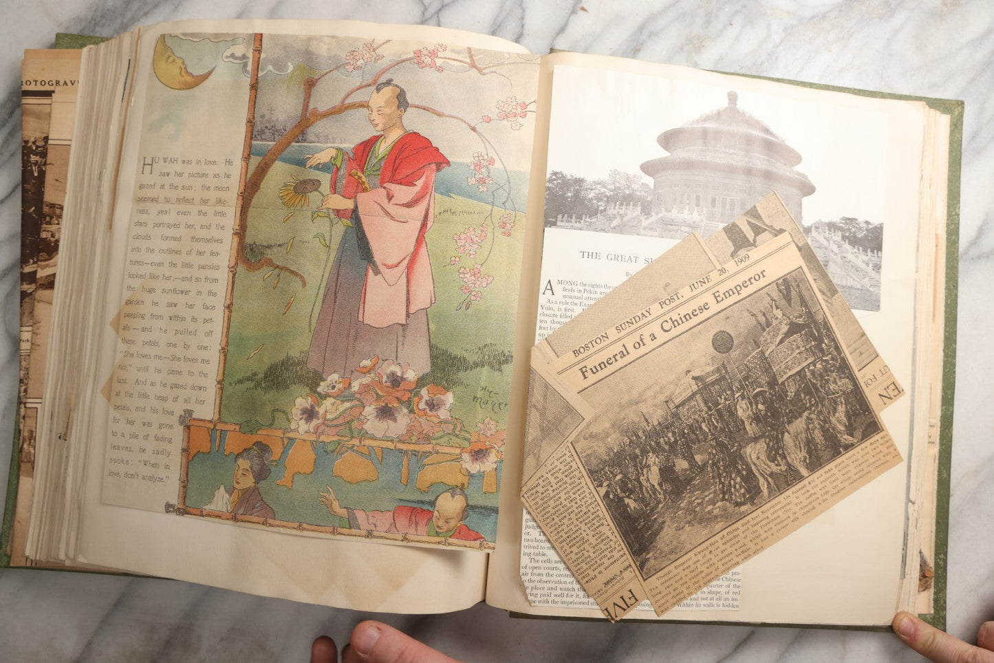 Lot 086 - Antique Green Scrapbook Album Around The World Travel Ephemera Including Japan, India, Ceylon, Hawaii, Egypt, Middle East, Pressed Flowers, Loose Ephemera, Circa 1909