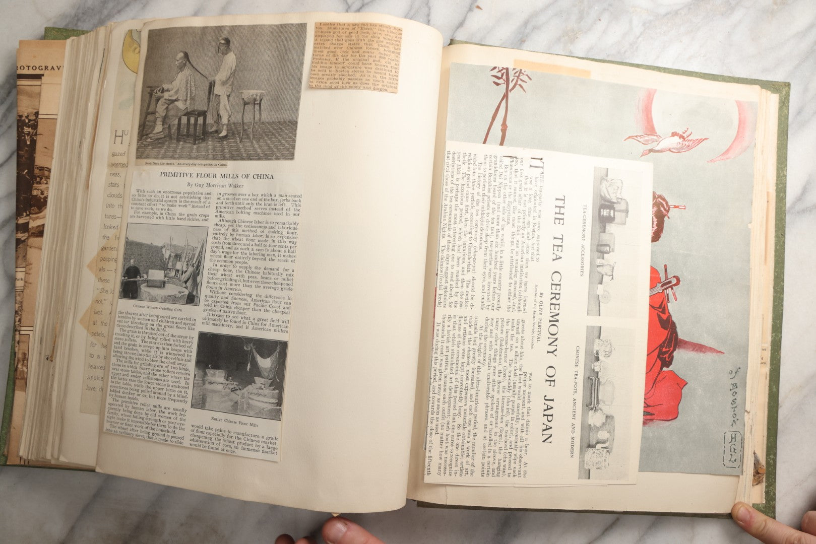 Lot 086 - Antique Green Scrapbook Album Around The World Travel Ephemera Including Japan, India, Ceylon, Hawaii, Egypt, Middle East, Pressed Flowers, Loose Ephemera, Circa 1909