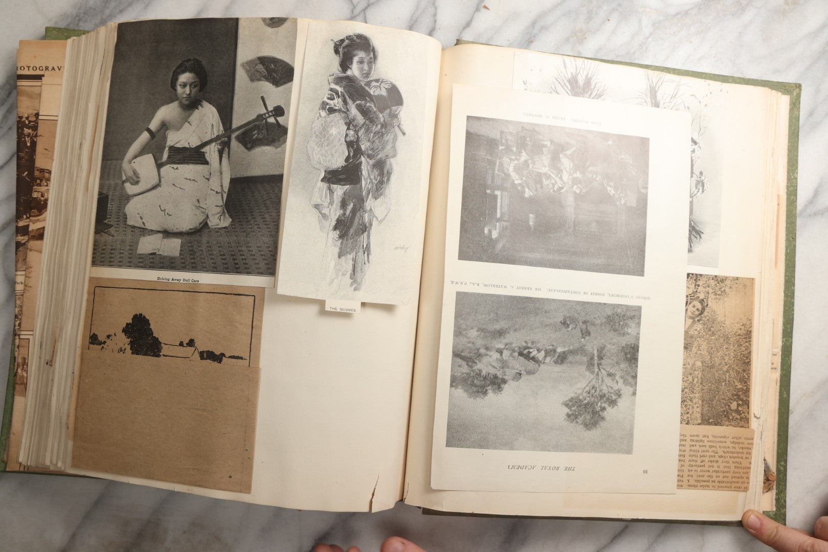 Lot 086 - Antique Green Scrapbook Album Around The World Travel Ephemera Including Japan, India, Ceylon, Hawaii, Egypt, Middle East, Pressed Flowers, Loose Ephemera, Circa 1909