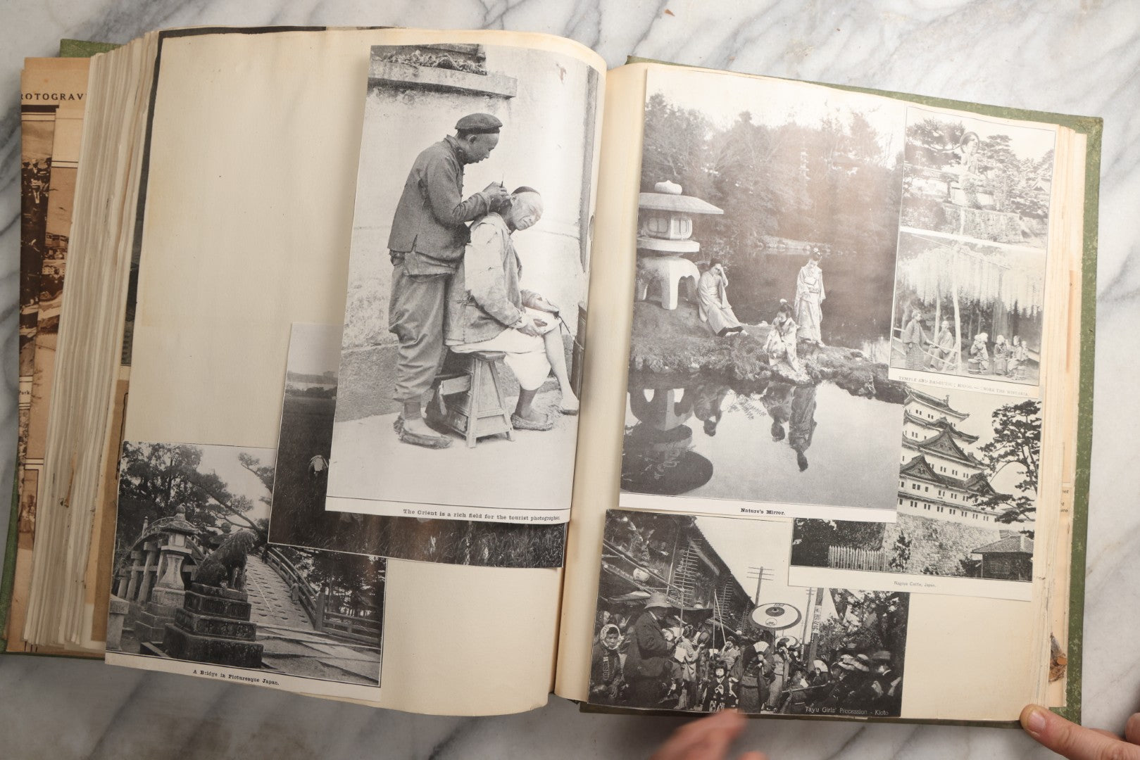 Lot 086 - Antique Green Scrapbook Album Around The World Travel Ephemera Including Japan, India, Ceylon, Hawaii, Egypt, Middle East, Pressed Flowers, Loose Ephemera, Circa 1909