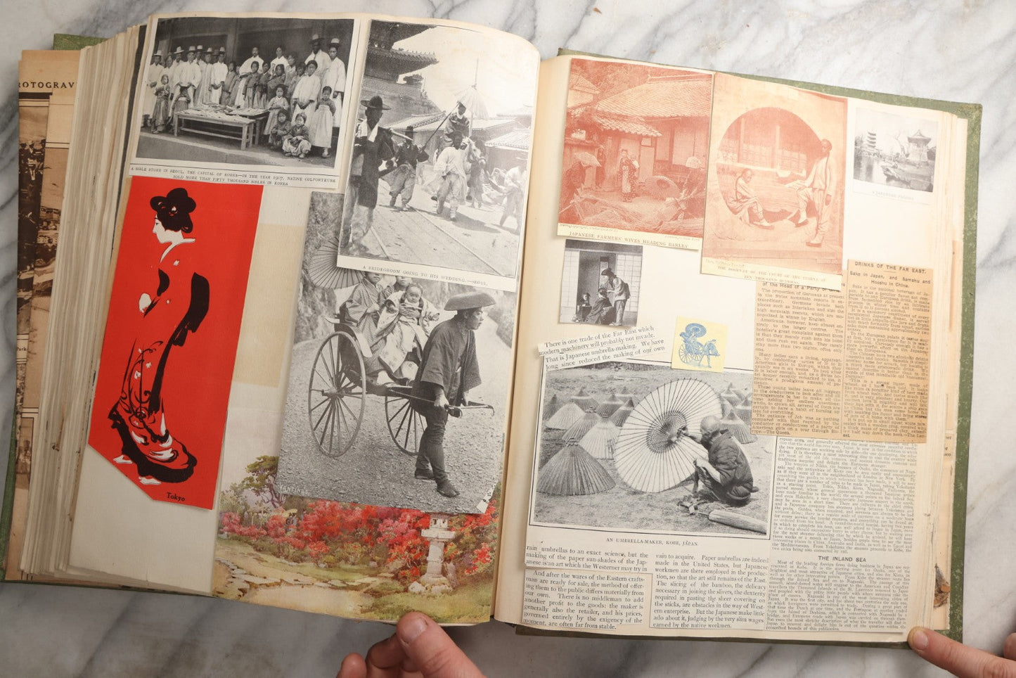 Lot 086 - Antique Green Scrapbook Album Around The World Travel Ephemera Including Japan, India, Ceylon, Hawaii, Egypt, Middle East, Pressed Flowers, Loose Ephemera, Circa 1909